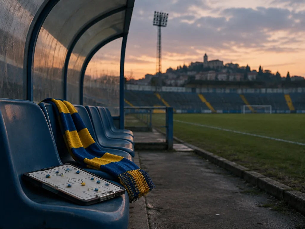 Tom avbytarbänk med taktiktavla och blågul halsduk på en italiensk fotbollsarena i skymningen