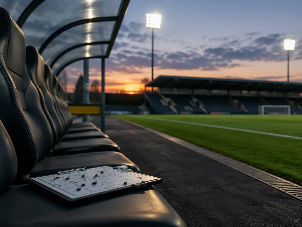 Tom avbytarbänk vid en fotbollsplan i skymningen med en taktiktavla på sätet