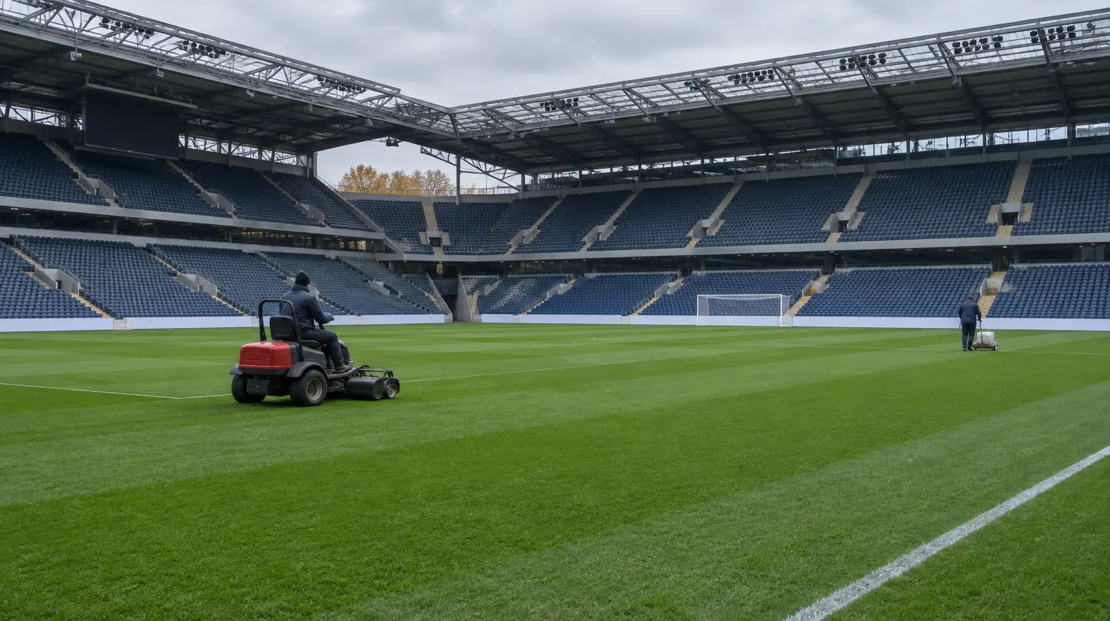 Groundstaff klipper och märker upp den randiga planen på en tom arena