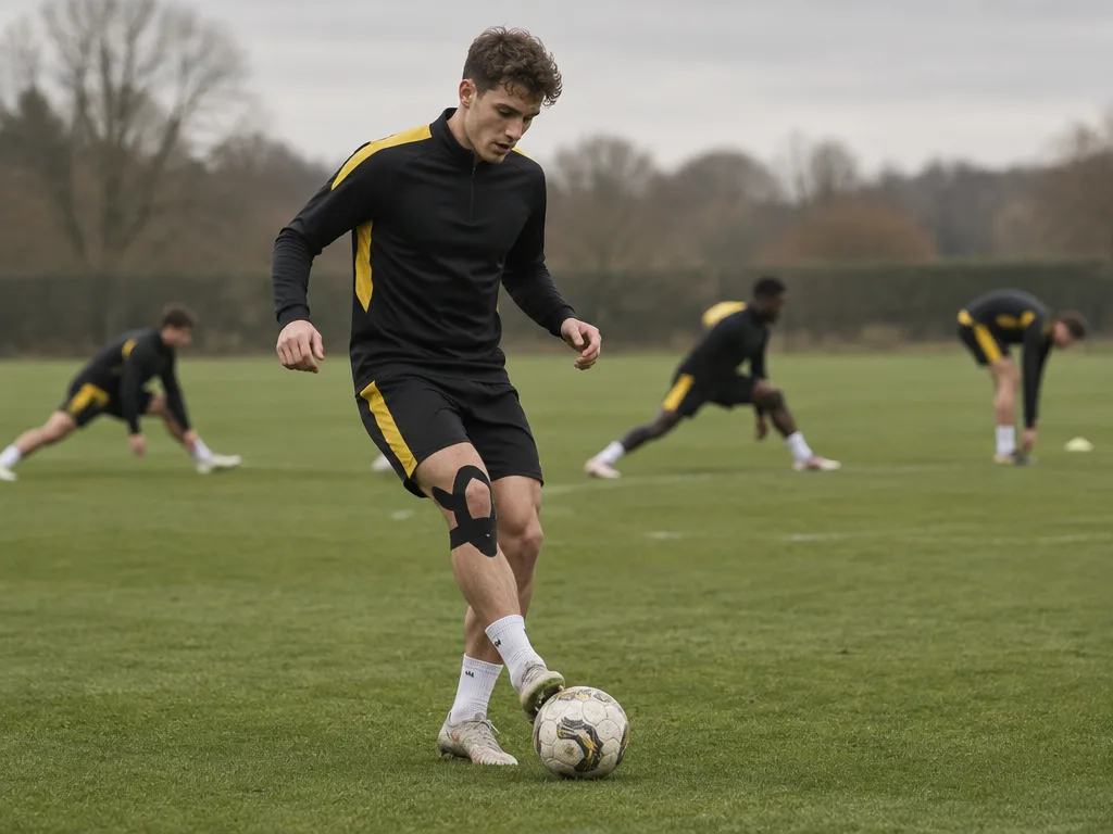 Ung manlig fotbollsspelare i svart och gult tränar ensam efter skadeuppehåll på en mulen eftermiddag