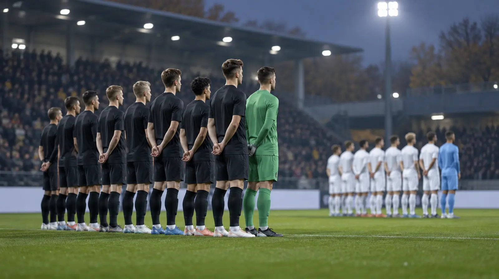 Spelare står uppställda för nationalsångerna inför avspark i kvällsljus