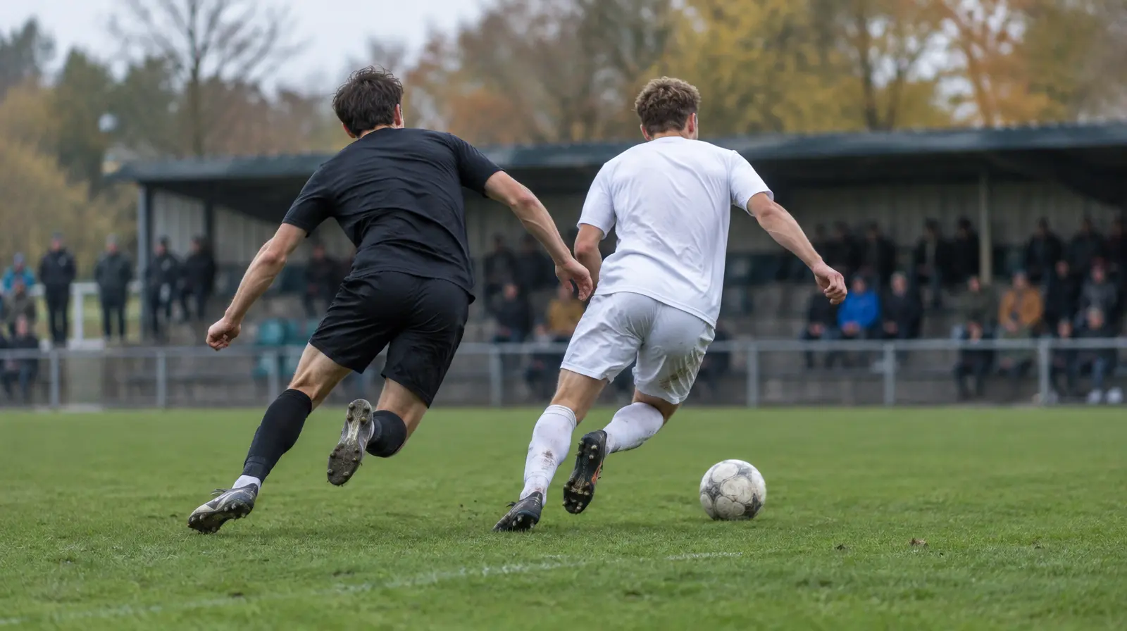 Två spelare kämpar om bollen på gräsplanen i dagsljus