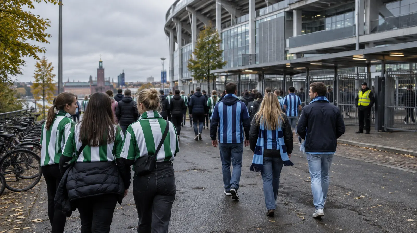 Supportrar i grönt och blått går mot arenan en höstdag