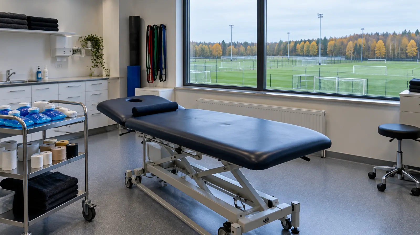 Tomt sjukgymnastikrum på en fotbollsklubbs träningsanläggning en grå höstdag.