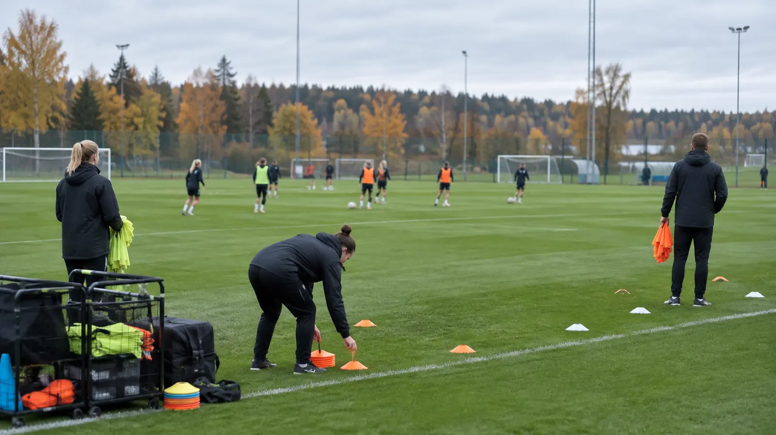 Träningsplan för ett damfotbollslag en mulen höstdag, med tränarstab och spelare i bakgrunden
