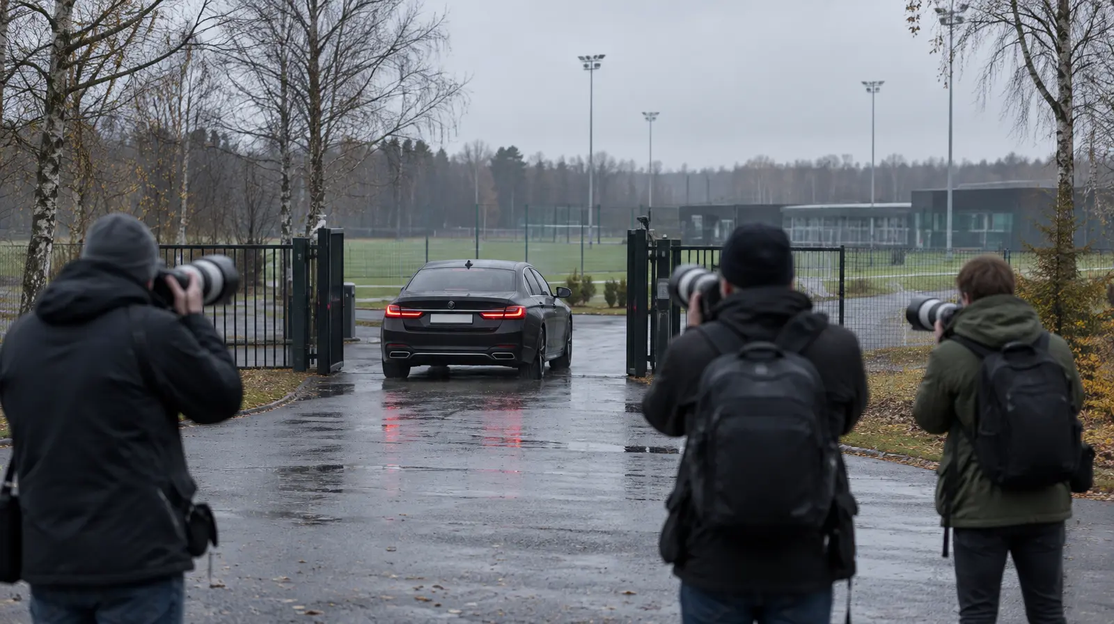 Mörk bil anländer till en träningsanläggning en disig morgon medan fotografer väntar i bakgrunden
