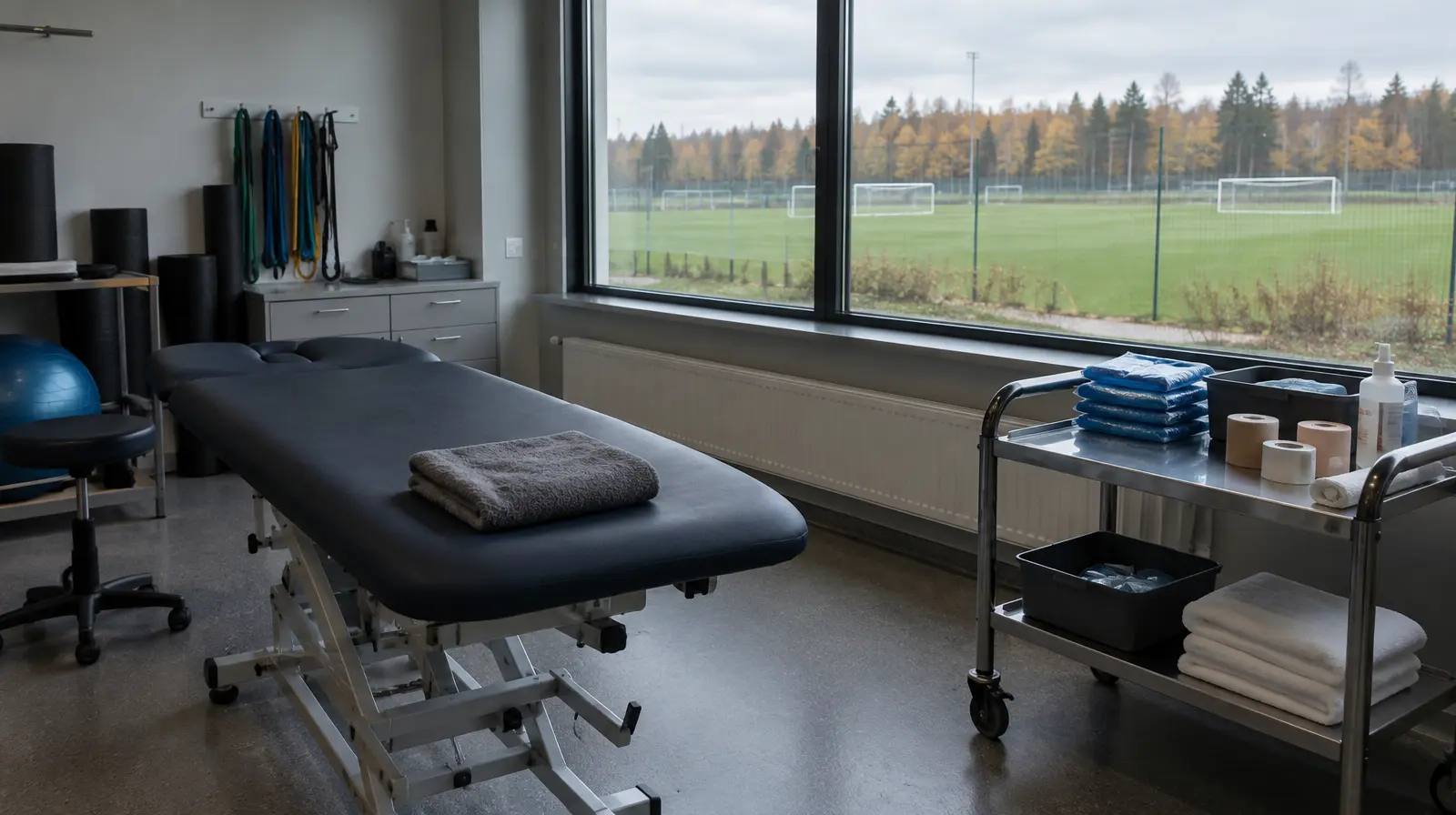 Tomt behandlingsrum vid en fotbollsanläggning i höstligt dagsljus