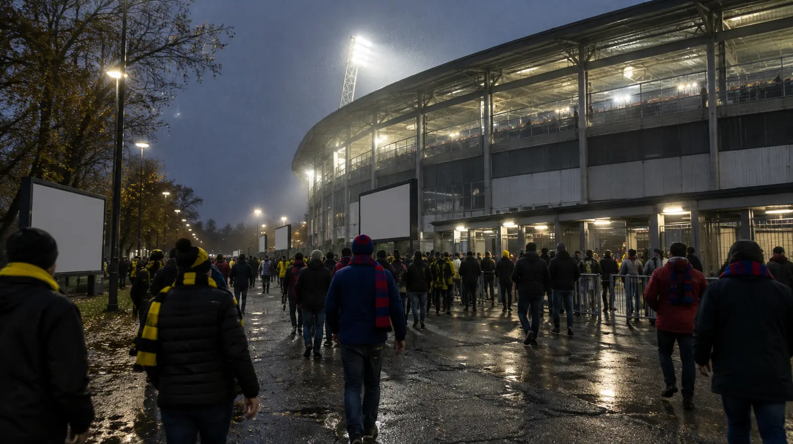Supportrar i klubbfärger går mot arenan i kvällsmörker inför matchen