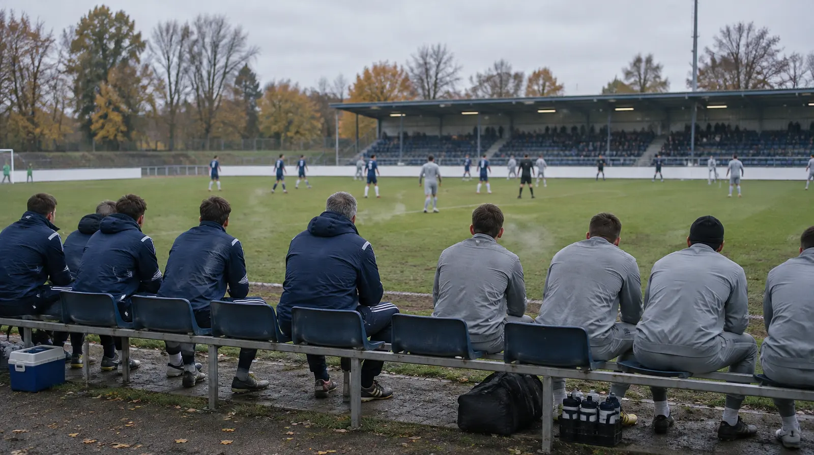 Avbytarbänken följer matchen bakifrån en grå höstdag