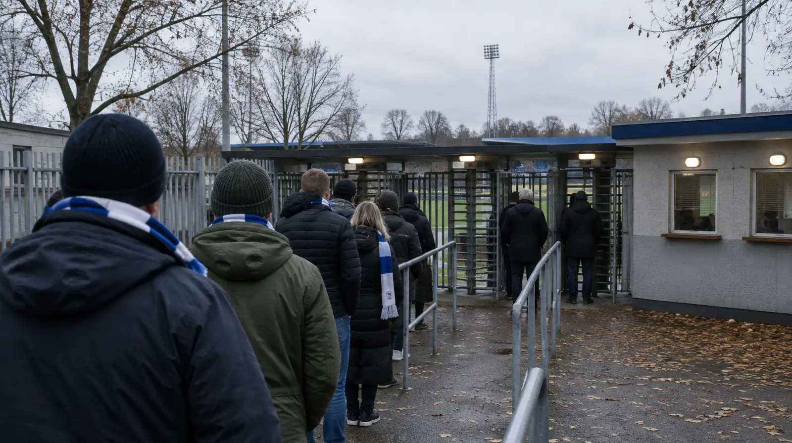 Supportrar i väntan vid entrégrindarna till en fotbollsarena en grå höstdag