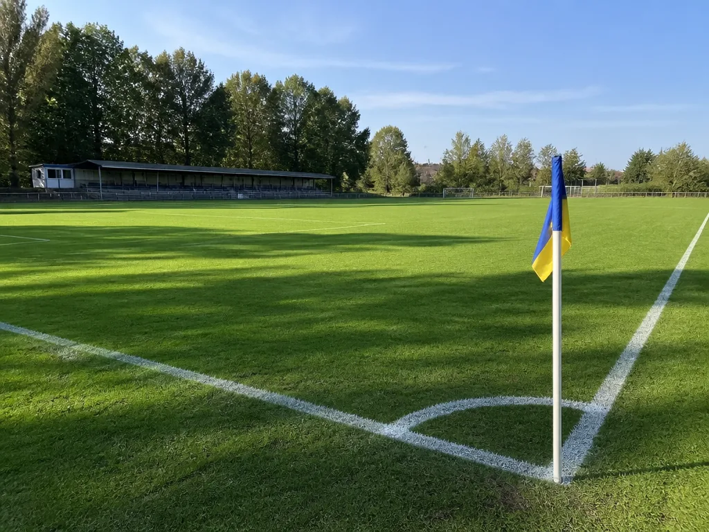 Kritlinje och klippt gräs på en svensk fotbollsplan i dagsljus